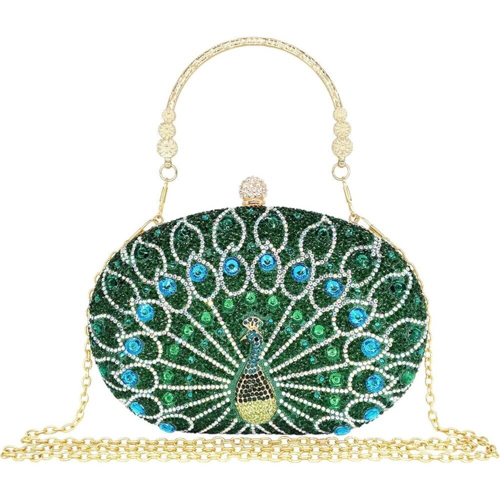 Women's Green Peacock Sparkly Rhinestone Clutch Luxury Diamond Peacock Handbag
